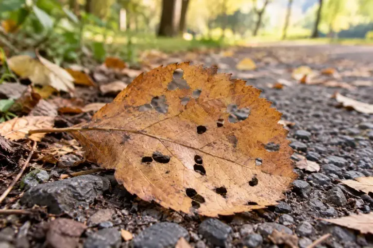公園の道に落ちた、形の異なる穴がある葉。