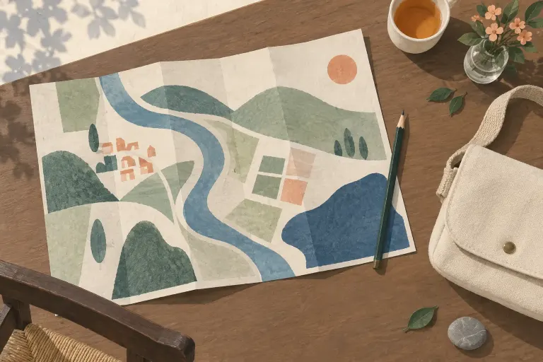 抽象的な地図と鉛筆、布のかばんを描いたイラスト。実際の案内図ではありません
