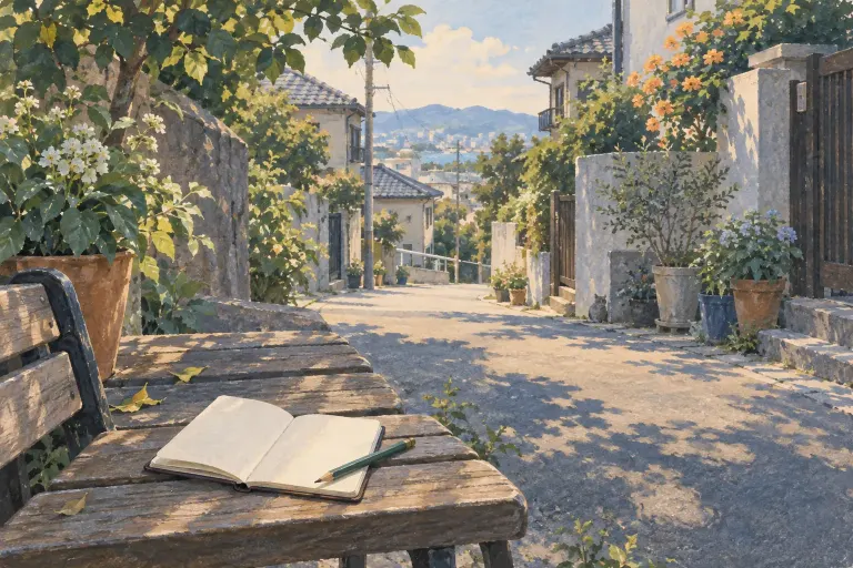 静かな路地を背景に、ベンチの上に開いた手帳と鉛筆を描いたイラスト
