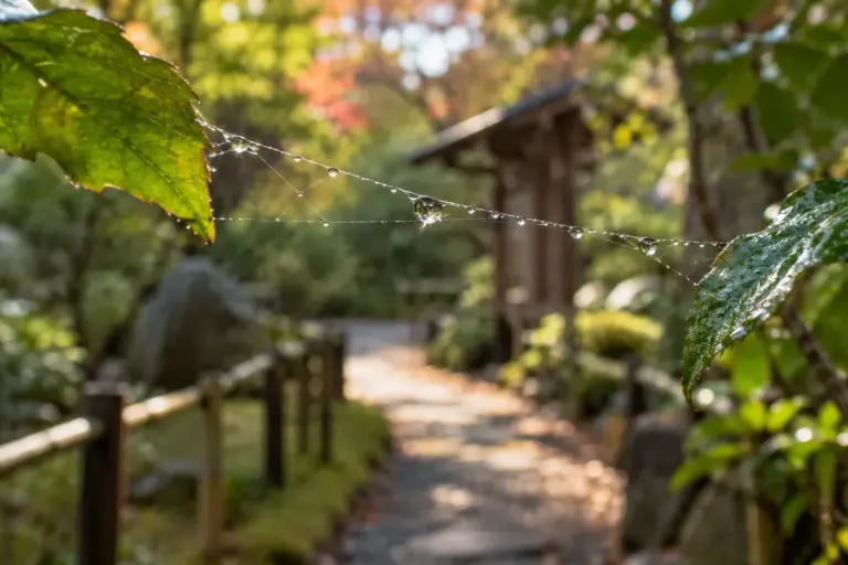 散歩道のそばの葉の間に張られた糸と水滴を表したイメージ。